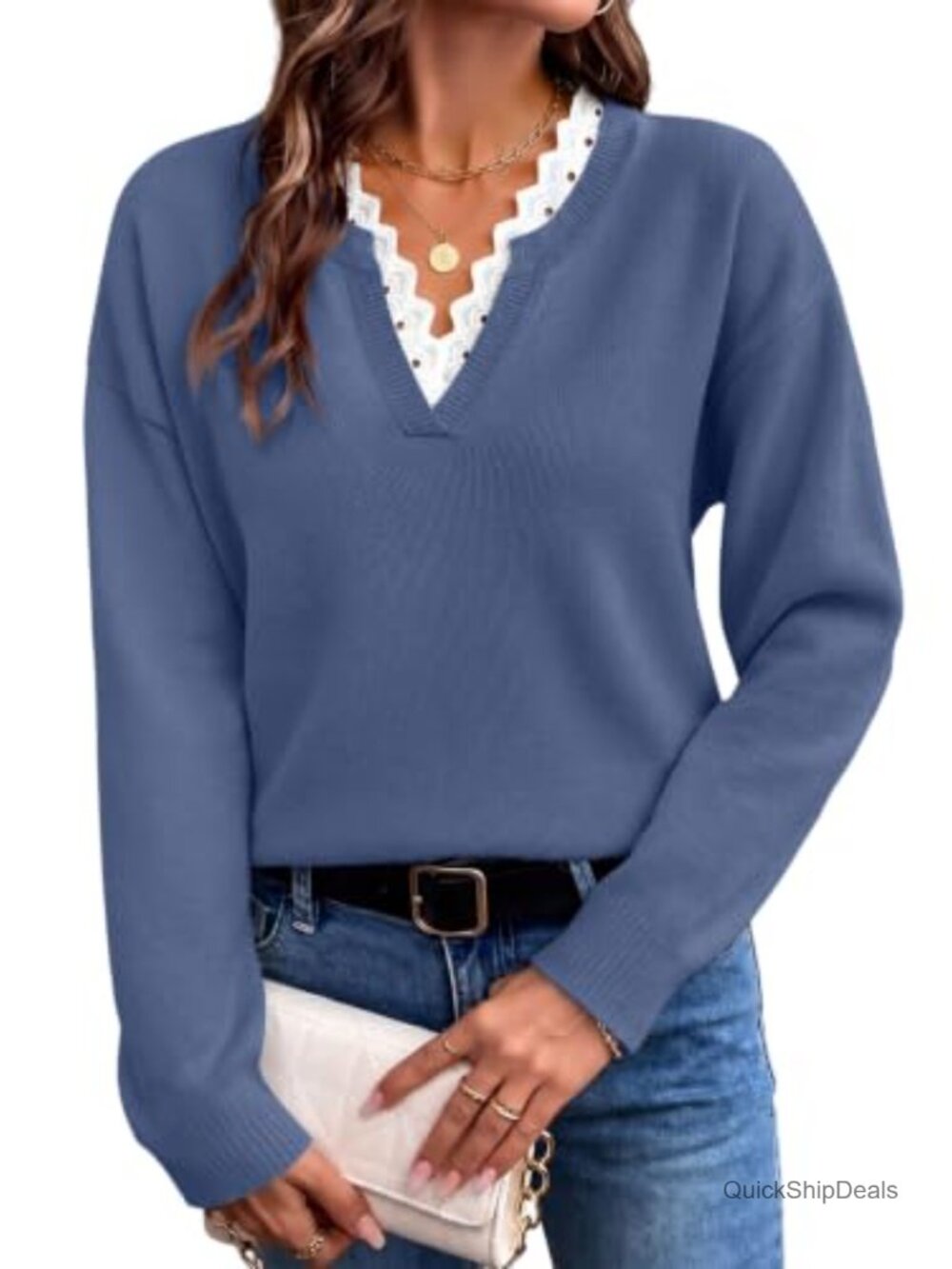 Womens V Neck Lace Trim Long Sleeve Pullover Sweater